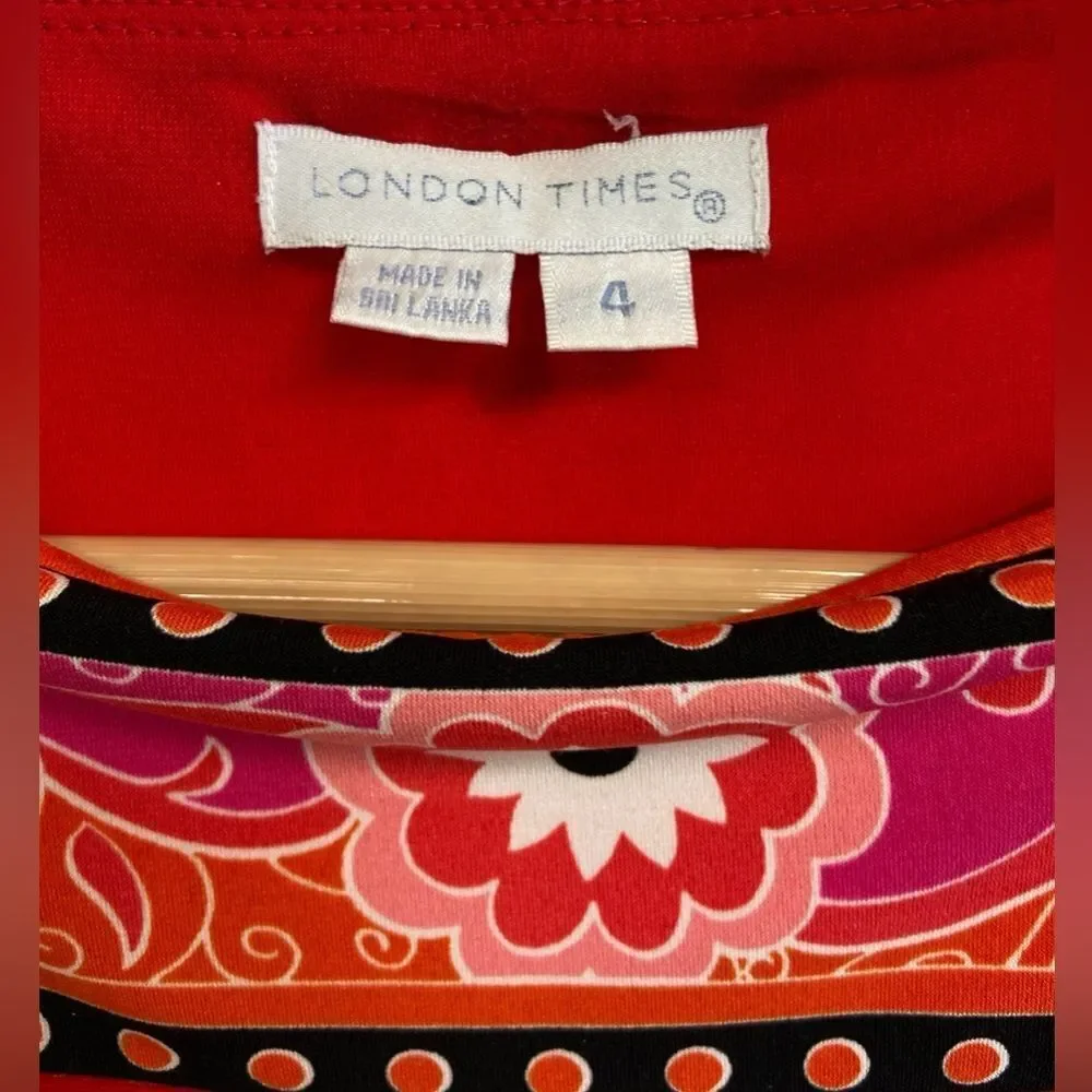 London Times Vibrant Retro Red Shift Dress. Size 4
